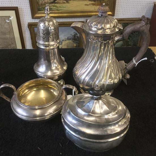 Silver two-handled sucrier, sugar sifter, oval sugar box & a spiral-fluted coffee pot